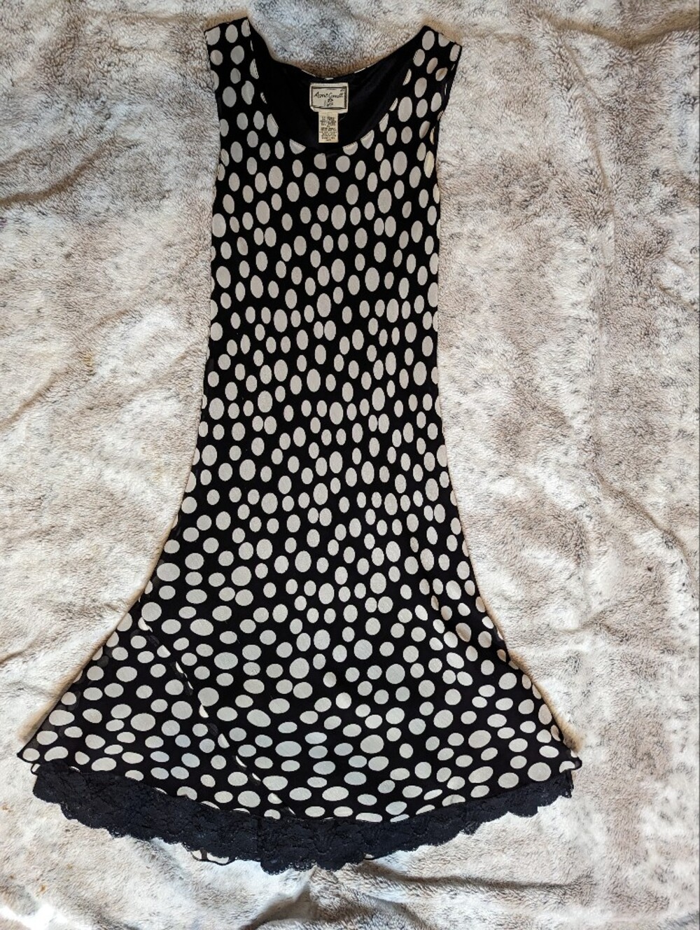 Vintage April Cornell Black Polka Dot Rayon Midi Dress Scalloped Lace Hem Large